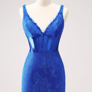Sparkly Royal Blue Corset Beaded Lace Appliques Tight Mini Dress