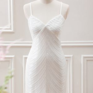 Sparkly White Sequined Spaghetti Straps Criss Cross Back Bodycon Mini Dress