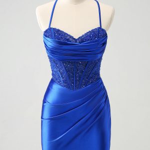 Sparkly Royal Blue Tight Corset Mini Dress with Lace Up Back