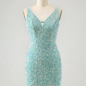 Sparkly Sage Bodycon V Neck Sequin Mini Dress with Tassel
