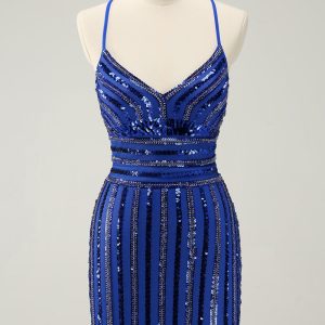 Sparkly Royal Blue Tight Sequined Spaghetti Straps Mini Dress