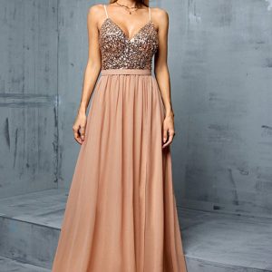 Sparkly Sequins Blush A Line V Neck Spaghetti Straps Maxi Dress