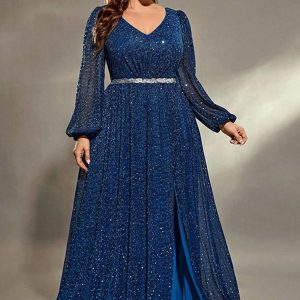 Sparkly Royal Blue V Neck Lantern Sleeves Sash Maxi Dress with Slit