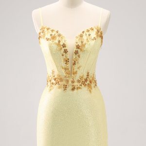 Sparkly Yellow Spaghetti Straps Corset Sequins Tight Mini Dress