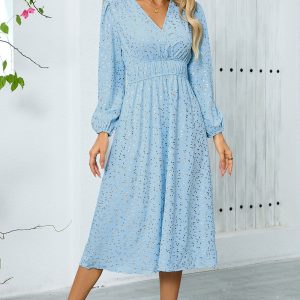 Sparkly Sky Blue A Line Sequins Long Sleeves V Neck Tea Length Wedding Guest Dress