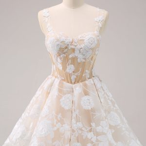 Sparkly White A-Line Floral Corset Mini Dress