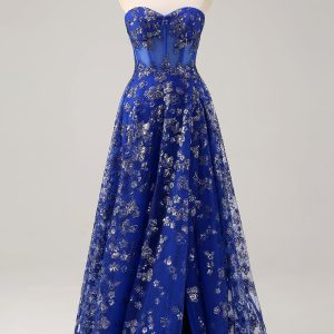 Sparkly Royal Blue Sweetheart Corset Prom Dress with Slit