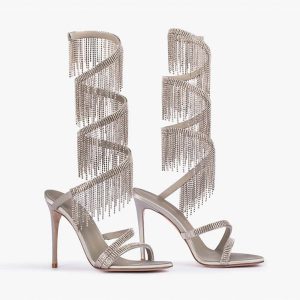 Sparkly Silver Beading Strappy Tassels Open Toe High Heels