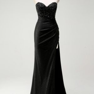 Sparkly Sweetheart Black Long Sequin Prom Dress With Slit