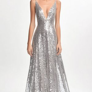 Sparkly V Neck A Line Silver Formal Dress