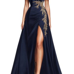 Sparkly Small Puff Sleeves Navy Blue Beaded Satin A Line Formal Dress with Slit