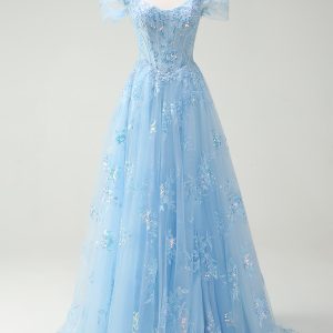 Sparkly Sky Blue Off The Shoulder A-Line Prom Dress with Slit