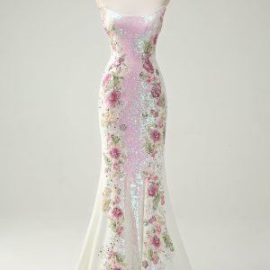 Sparkly White Floral Strapless Mermaid Long Prom Dress