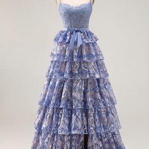 Sparkly Tiered Corset Bowed Appliqued Grey Blue Prom Dress