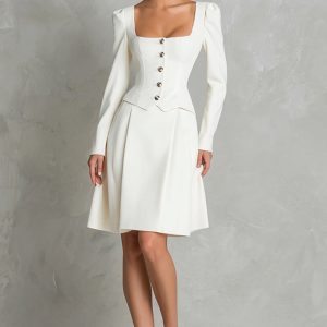 Square Neck A-Line Long Sleeve Ivory Work Dress