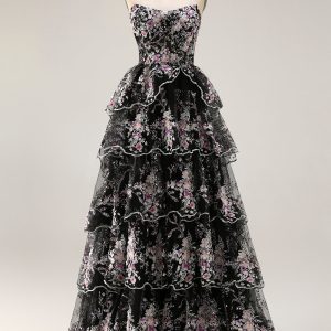 Sparkly Tiered Black Pink Floral Strapless Appliqued Prom Dress