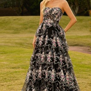 Sparkly Tiered Black Pink Floral Strapless Corset Prom Dress