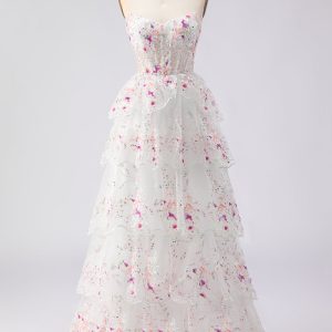 Sparkly White Pink Floral Tiered Strapless Appliqued Prom Dress