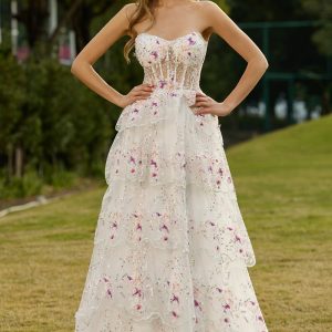 Sparkly White Pink Floral Strapless Tiered Appliqued Prom Dress
