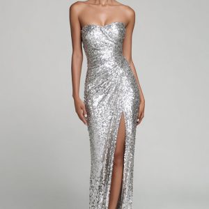 Sparkly Silver Strapless Sheath Maxi Evening Dress With Slit
