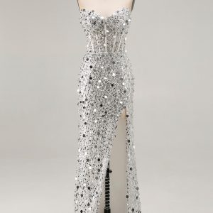 Sparkly Silver Strapless Corset Mermaid Prom Dress With Slit