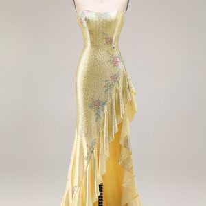 Sparkly Yellow Strapless Mermaid Beaded Prom Dress