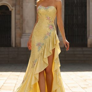 Sparkly Yellow Strapless Mermaid Prom Dress with Ruffles