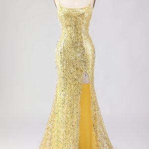 Sparkly Yellow Mermaid Maxi Prom Dress with Slit