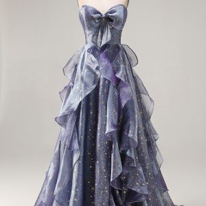 Sparkly Strapless A Line Ruffled Dusty Blue Prom Dress