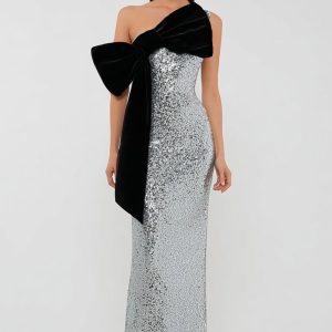 Sparkly Silver One Shoulder Sheath Formal Dress With Bow
