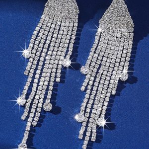 Sparkly Silver Rhinestone Long Tassel Earrings
