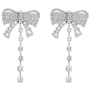 Sparkly Silver Bowed Dangle Earrings With Rhinestones