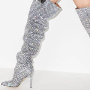 Sparkly Silver Rhinestone Over-The-Knee Stiletto Boots