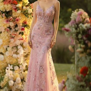 Sparkly Spaghetti Straps Mermaid Blush Prom Dress