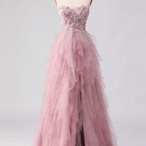 Sparkly Strapless Corset Appliqued Pink Prom Dress