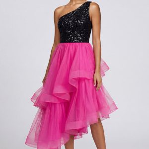 Sparkly Tiered One Shoulder Fuchsia and Black Formal Dress