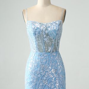Sparkly Sky Blue Spaghetti Straps Beaded Mini Dress