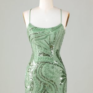 Sparkly Sheath Spaghetti Straps Green Mini Dress with Criss Cross Back